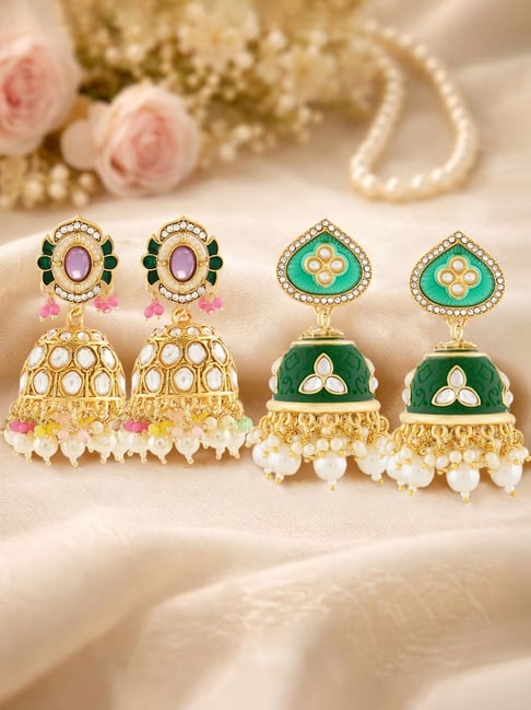 Zaveri Pearls Multicolor Stones Beads Embellished Traditional Jhumka Earrings Set of 2-picture-17