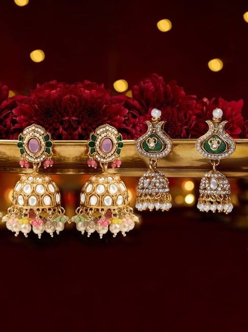 Zaveri Pearls Multicolor Stones Beads Austrian Diamonds Jhumka Earrings Set of 2-picture-16