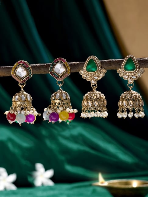 Zaveri Pearls Multicolor Stones Beads Antique Plating Jhumka Earrings Set of 2-picture-15