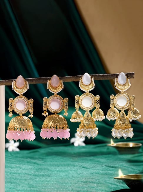 Zaveri Pearls Pink White Stones Beads Traditional Statement Jhumka Earrings Set of 2-picture-31