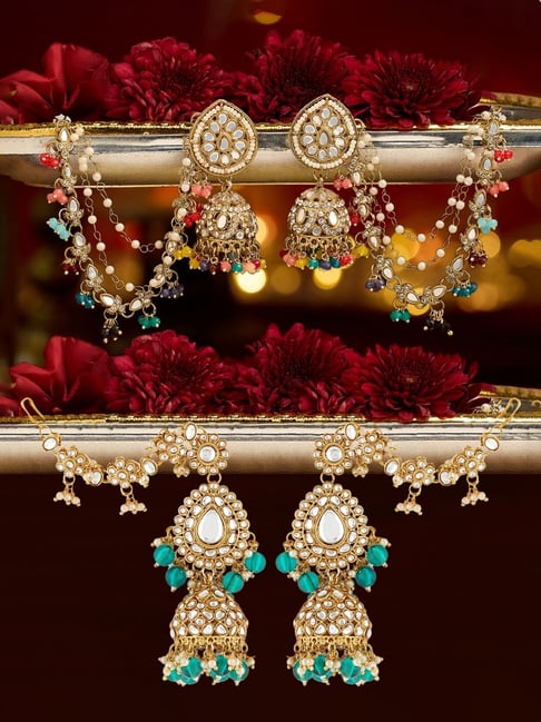 Zaveri Pearls Multicolor Stones Beads Statement Jhumka With Ear Chain Earrings Set of 2-picture-18