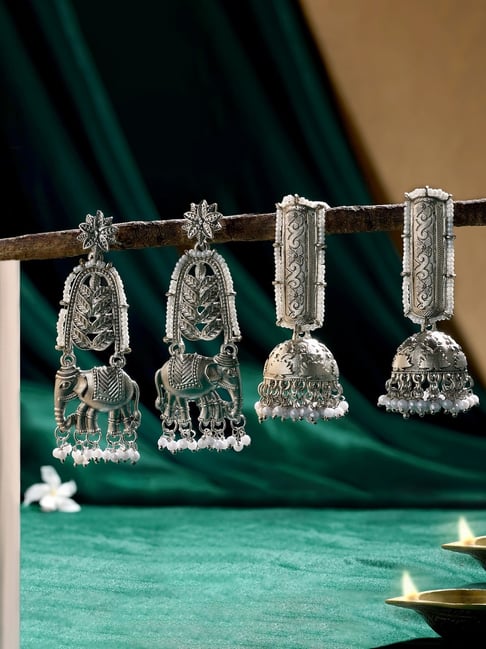 Zaveri Pearls Silver Tone Oxidised Plating Beads Embellished Jhumka Earrings Set of 2-picture-45