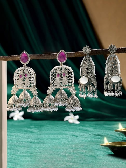 Zaveri Pearls Purple White Stones Oxidised Statement Dangler Earrings Set of 2-picture-11