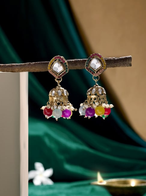 Zaveri Pearls Multicolor Stones Beads Embellished Antique Plating Jhumka Earrings-picture-12