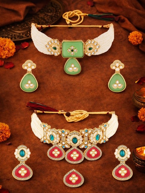 Zaveri Pearls Multicolor Stones Multistrand Choker Necklace Earrings & Ring Set of 2-picture-21