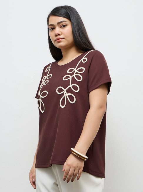 Gia by Westside Brown Embroidered T-Shirt