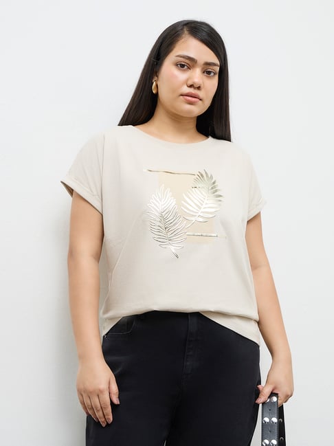 Gia by Westside Beige Botanical Printed Cotton T-Shirt