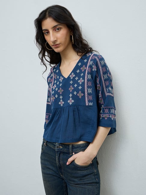 Bombay Paisley by Westside Blue Embroidered Cotton Top