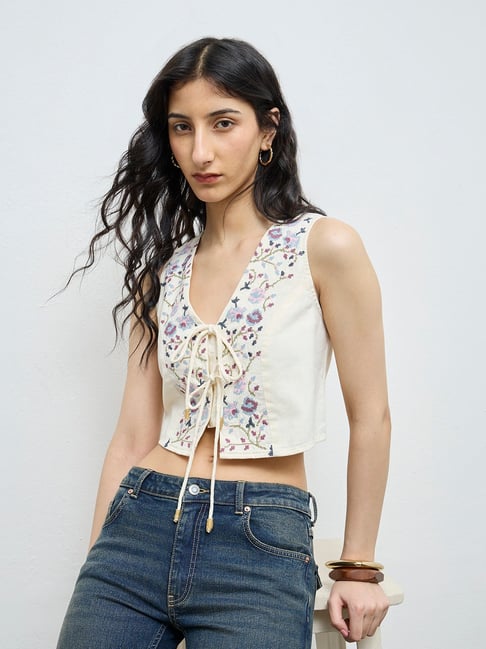 Bombay Paisley by Westside Cream Floral Embroidered Cotton-Blend Top