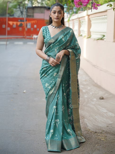 MIRCHI FASHION Teal Printed Ready To Wear Sarees With Blouse Piece-picture-26