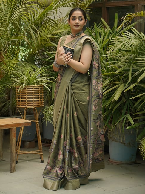 MIRCHI FASHION Olive Floral Print Ready To Wear Sarees With Blouse Piece-picture-37