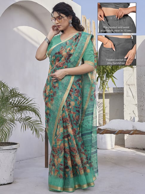 MIRCHI FASHION Teal Cotton Floral Print Ready To Wear Sarees With Blouse Piece-picture-48