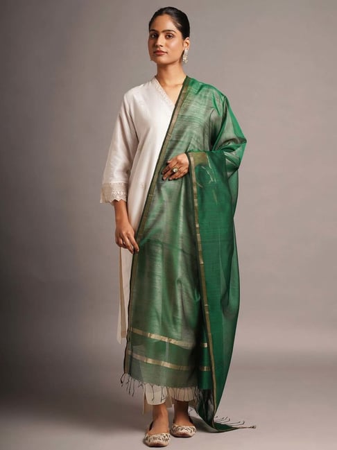 Jaypore Green Self Design Hand Woven Dupatta-image-38