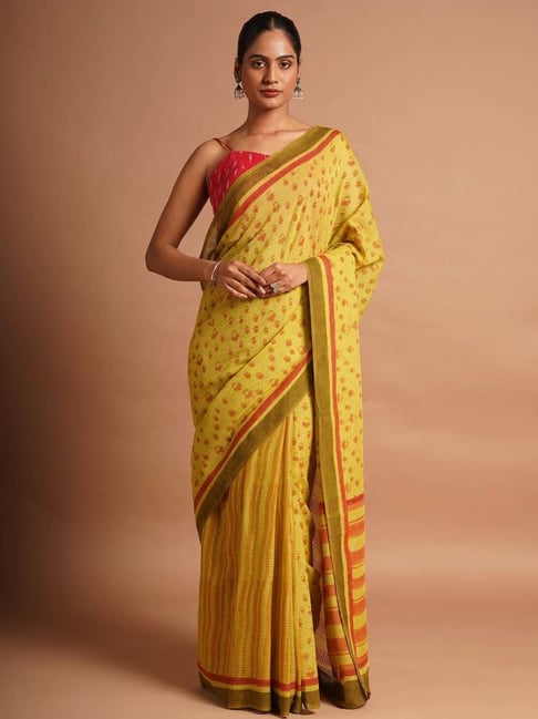 Jaypore Yellow Hand Block Printed Colorblock Saree-picture-45