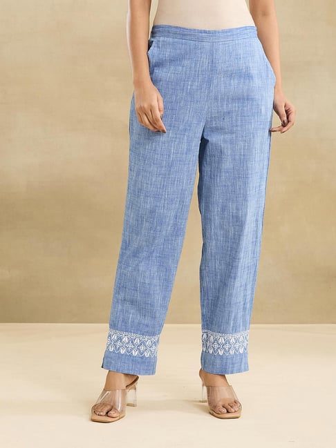 Fabindia Blue Cotton Embroidered Casual Pants-picture-46