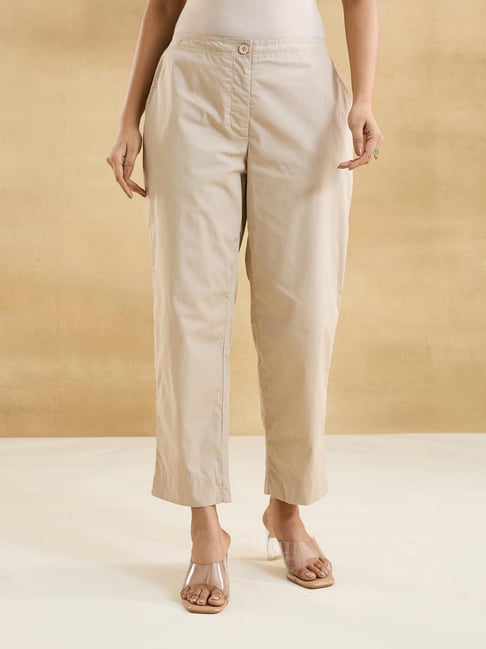 Fabindia Beige Cotton Solid Slim Fit Casual Pants