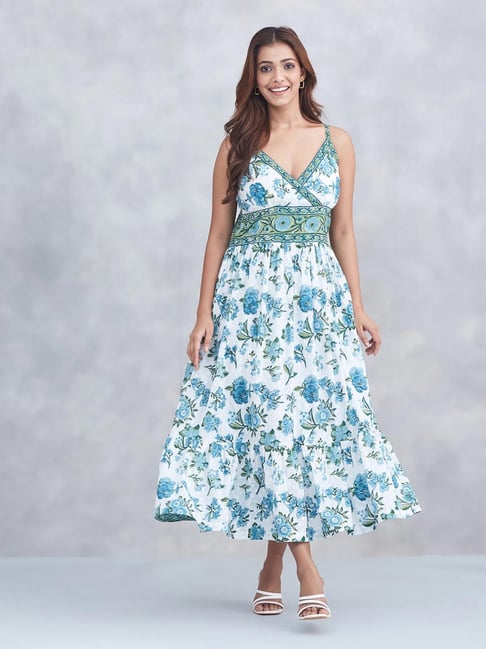 Fabindia White Green Cotton Printed Dress-picture-40