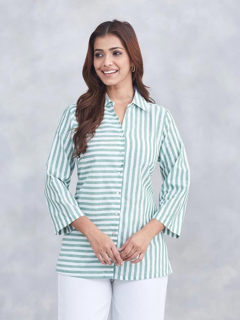 Fabindia Green White Cotton Printed Regular Fit Shirt-picture-45