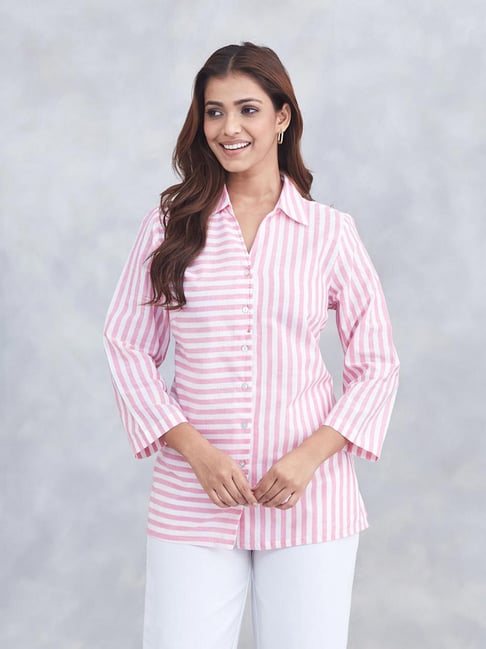 Fabindia Pink White Cotton Printed Regular Fit Shirt-picture-44