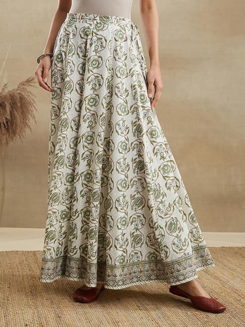 Fabindia White Green Cotton Printed Regular Fit Skirt-picture-37