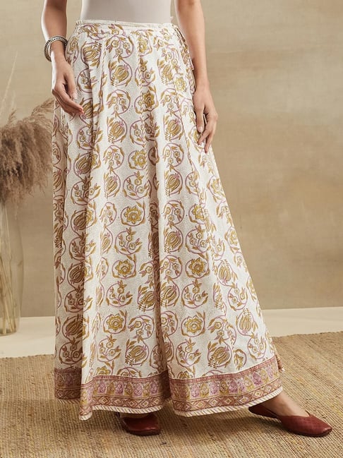 Fabindia White Yellow Cotton Printed Regular Fit Skirt-picture-38