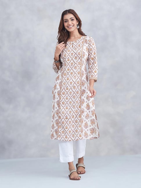 Fabindia White Mustard Cotton Printed Slim Fit Kurta-picture-36