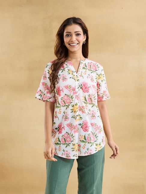 Fabindia White Pink Cotton Printed Regular Fit Tunic-picture-35
