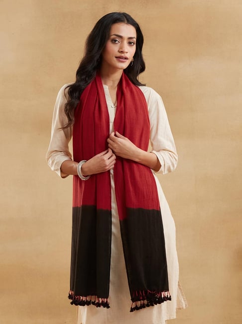 Fabindia Black Red Cotton Woven Design Stole-picture-23