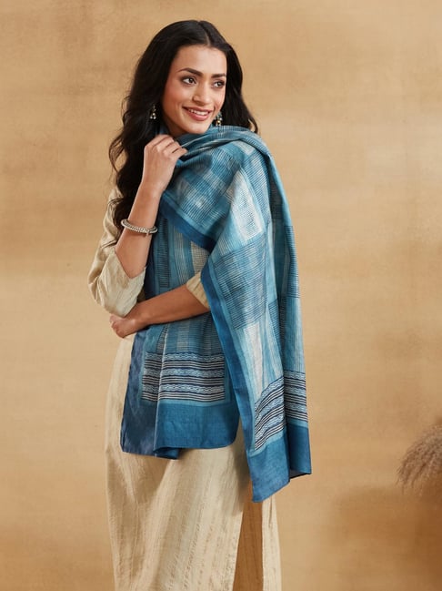 Fabindia Blue Silk Printed Stole-picture-26