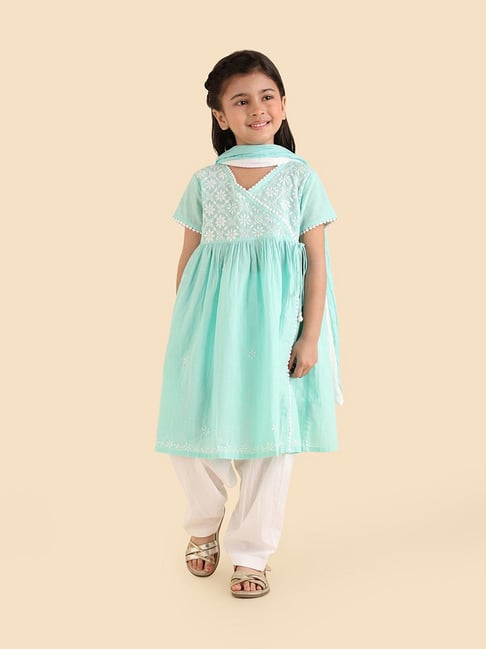 Fabindia Girls Teal Cotton Embroidered Kurta Set-picture-29