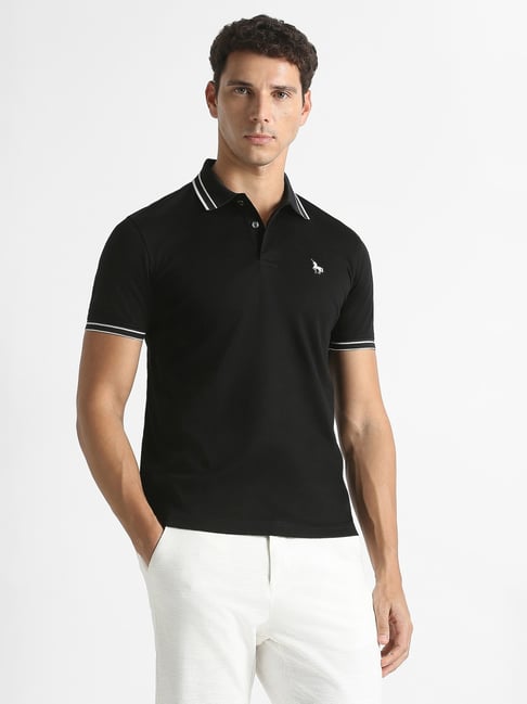 Van Heusen Black Cotton Slim Fit Solid Polo T-Shirt-picture-39