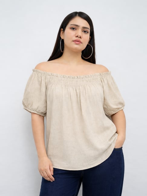 Gia by Westside Beige Smock-Detailed Top