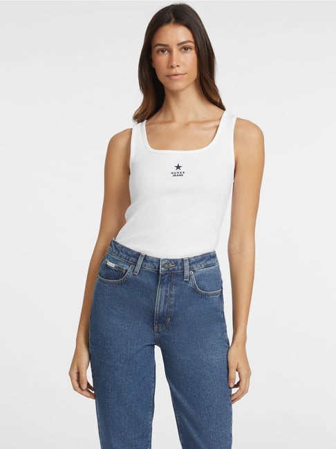 Guess Jeans White RIB EMB Slim Fit Tank Top