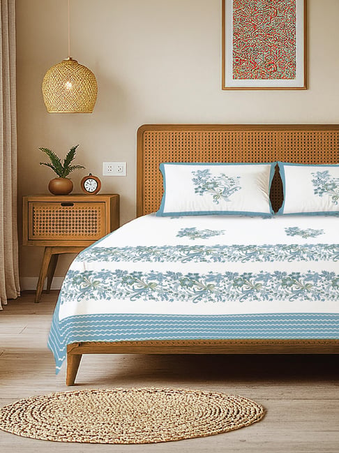Urban Space Blue Cotton Bedsheet with Pillow Covers