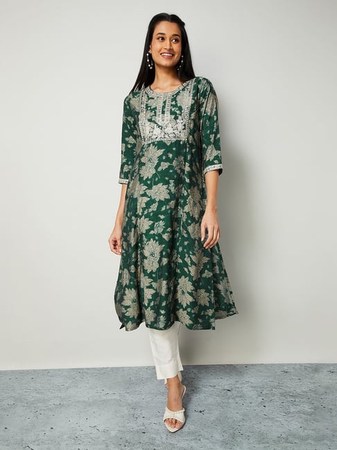 Melange by Lifestyle Green Printed Regular Fit Kurta-picture-19