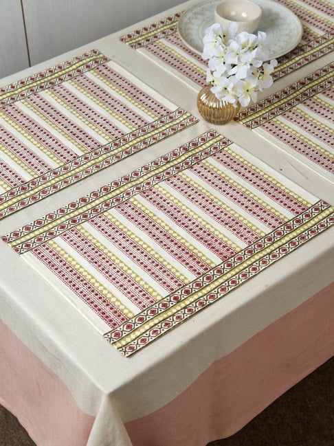 Fabindia Parul Pink & Green Cotton Printed Mat - Set of 6-image-27