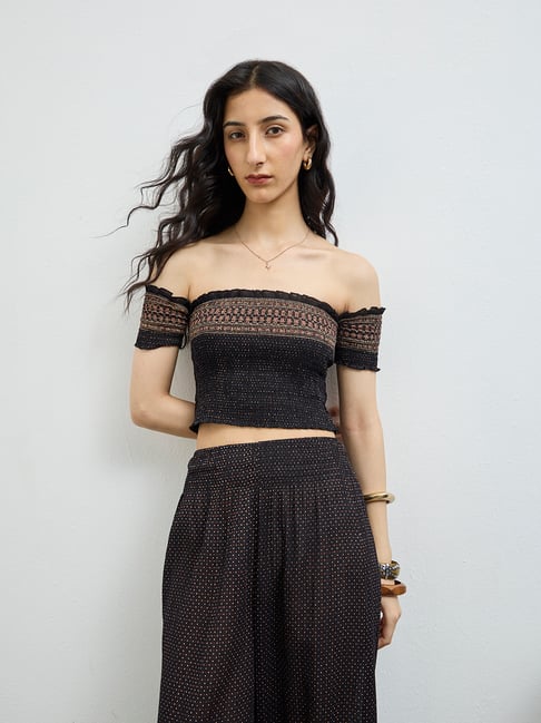 Bombay Paisley by Westside Black Badla Printed Smocked Cotton Top