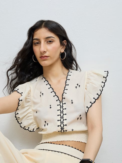 Bombay Paisley by Westside Cream Embroidered Cotton-Blend Top