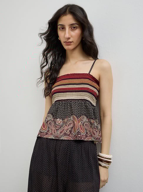 Bombay Paisley by Westside Black Smocked Cotton Top