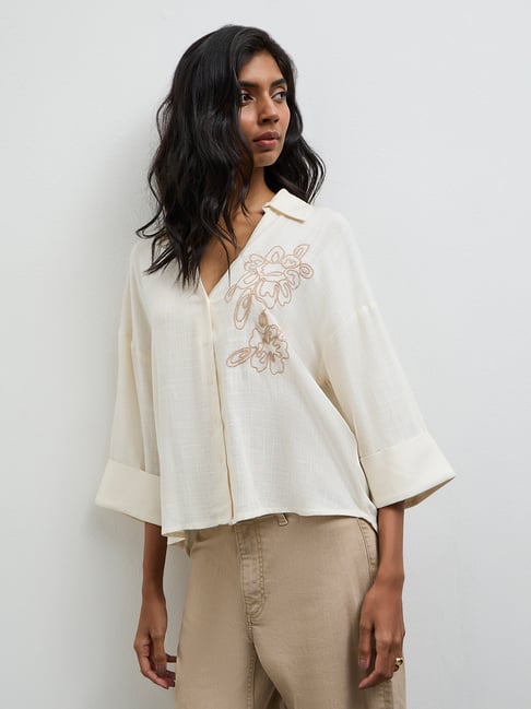 LOV by Westside Off-White Floral Embroidered Linen-Blend Blouse