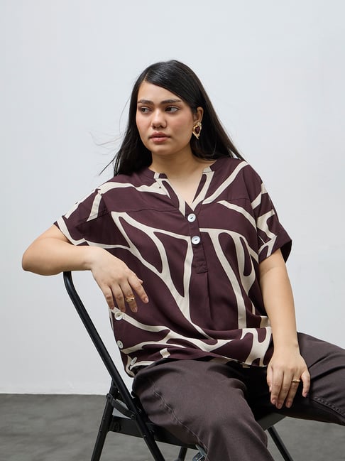 Gia by Westside Dark Brown Abstract Printed Blouse