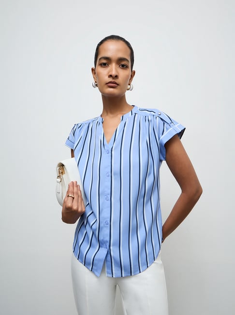 Wardrobe by Westside Blue Striped Blouse