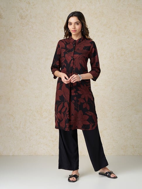Rangmanch by Pantaloons Wine Floral Print Collared Casual Kurta-picture-38