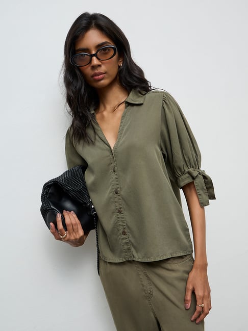 LOV by Westside Olive Solid Knot-Detailed Denim Shirt-picture-18