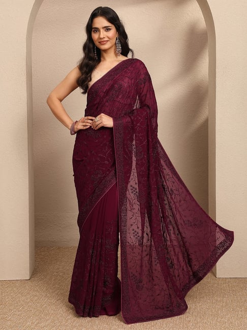 Libas Maroon Embroidered Saree With Unstitched Blouse-picture-19