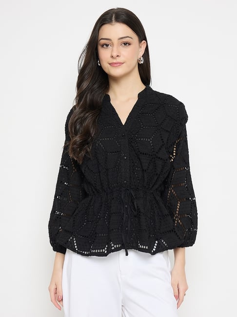 MADAME Black  Cotton Embroidered Top