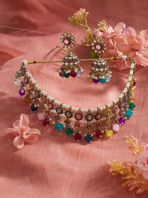 Zaveri Pearls Multicolor Stones Beads Antique Plating Necklace & Earring Set-picture-21