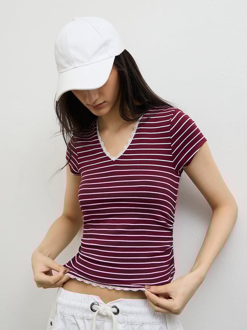 Nuon by Westside Burgundy Striped Cotton-Blend Top