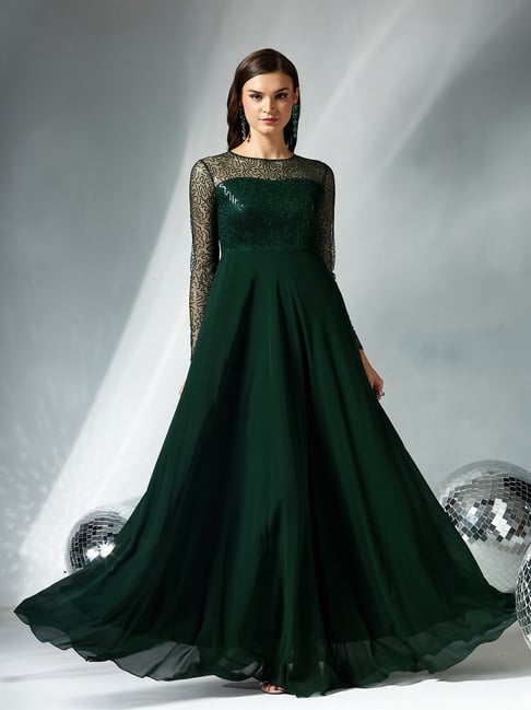 Miss Chase Dark Green Embellished Long Sleeves Casual Dress
