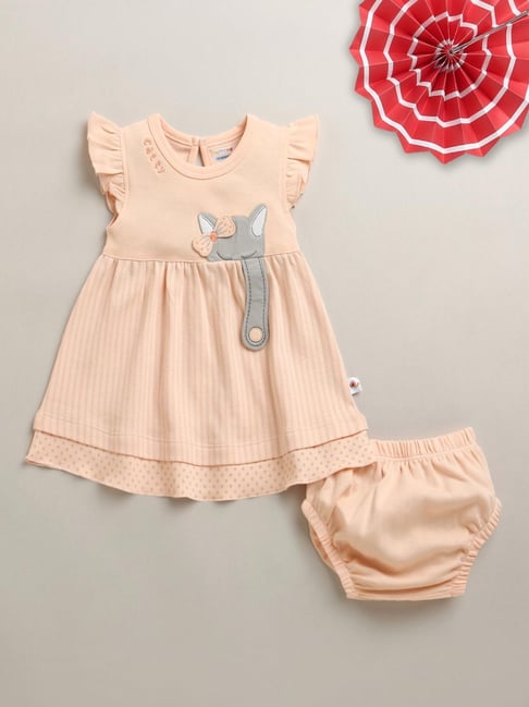 Bumzee Girls Peach Cotton Regular Fit Printed Dress with Panty